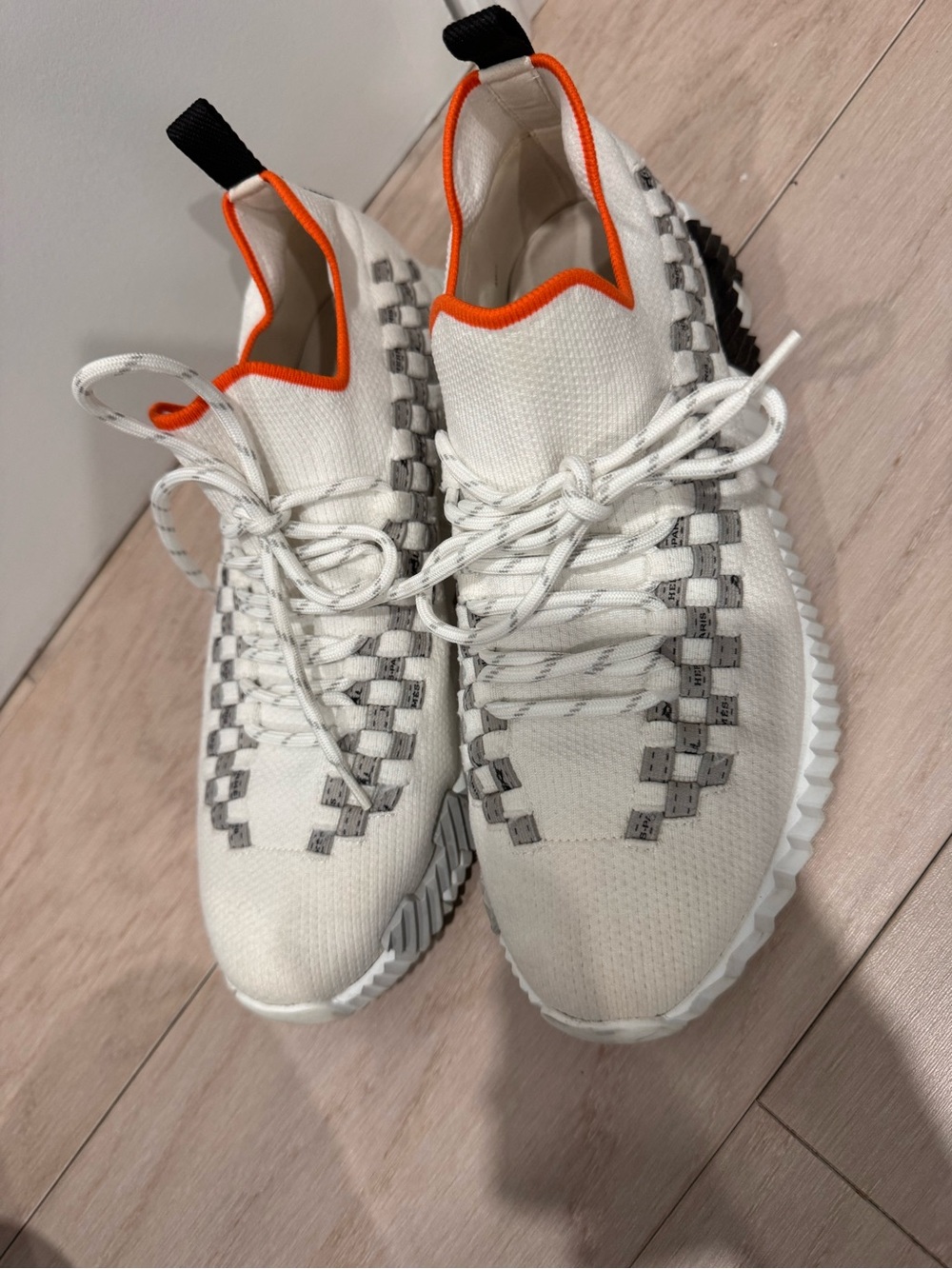 Hermes Cream Knit Sneakers with Orange Trim - Picture 2 of 9